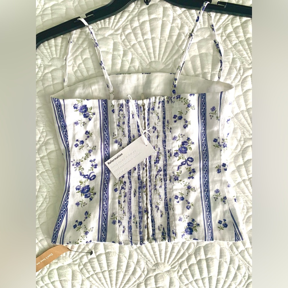 Reformation Overland Linen Tank Top, White and Blue Floral - Picture 2 of 10